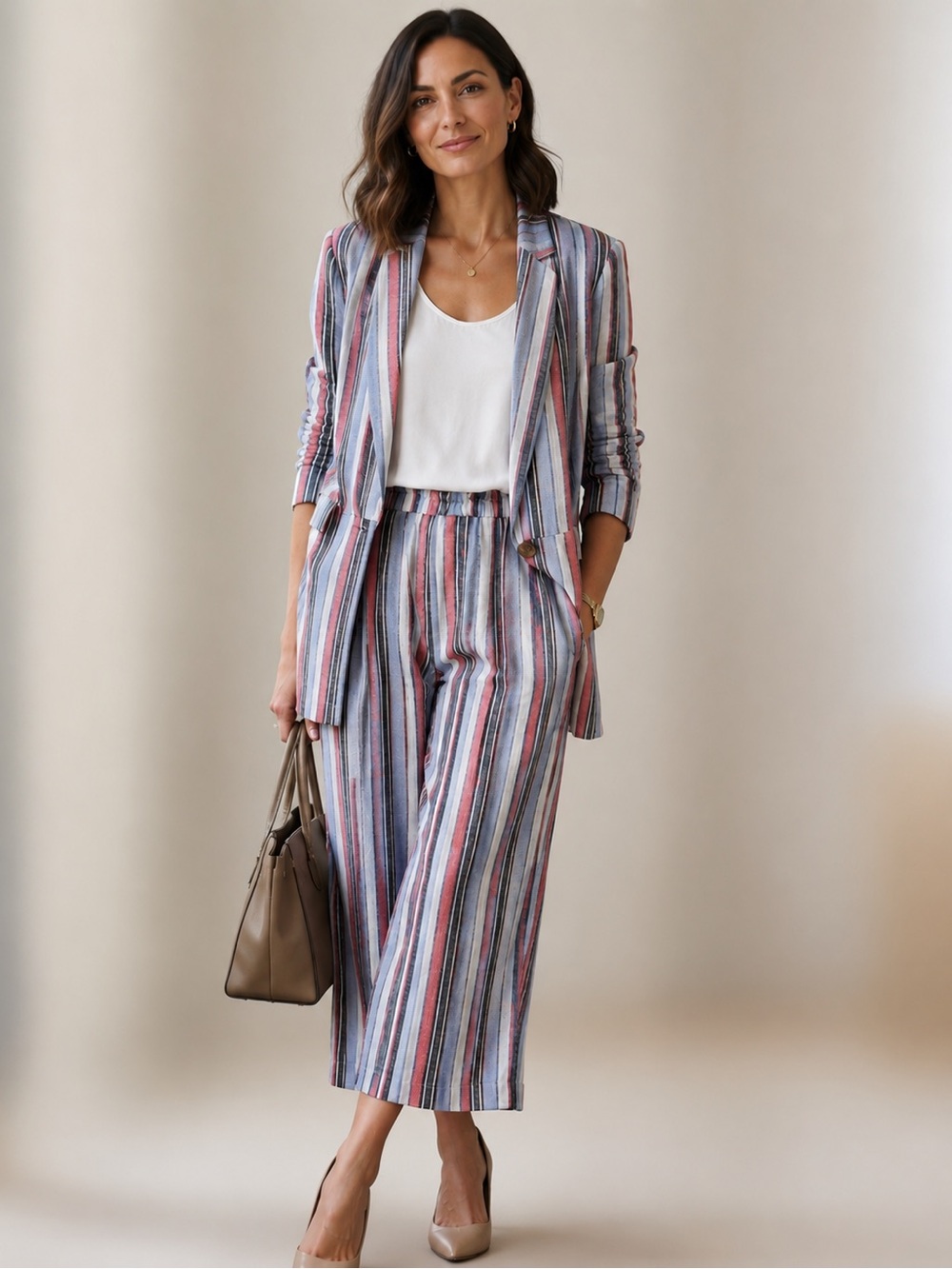 Laundry By Shelli Segal Striped Wide-Leg Pants & Blazer - Blue/Red/White